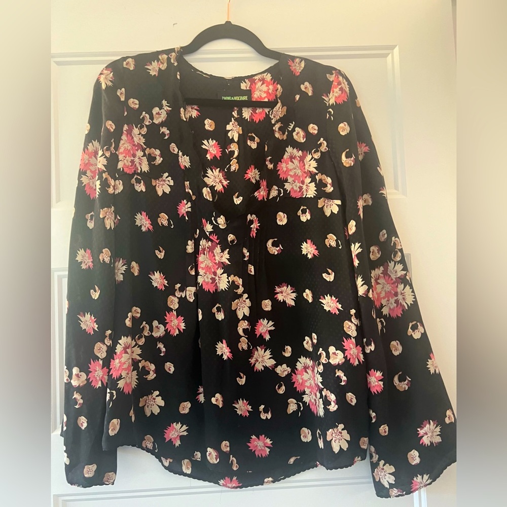 Gorgeous Black floral ZADIG & VOLTAIRE French 100% silk blouse - a stunner!!